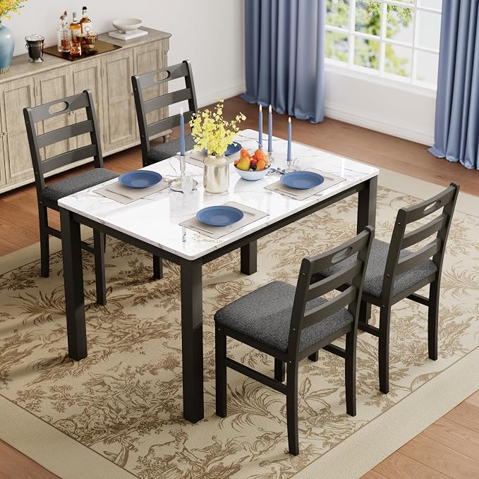 PHI VILLA Farmhouse Dining Table Set for 4, Solid Wood Kitchen Table Chairs Set of 4, 5 Piece Dining Room Table Set for Apartment, Venatino White Marble&Gray
