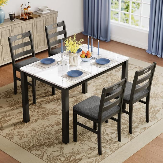 PHI VILLA Farmhouse Dining Table Set for 4, Solid Wood Kitchen Table Chairs Set of 4, 5 Piece Dining Room Table Set for Apartment, Venatino White Marble&Gray