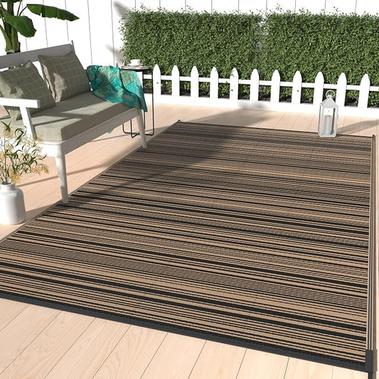 GENIMO Outdoor Rug for Patio Clearance, 9'x12' Reversible Plastic Straw Rugs, Lightweight Waterproof RV Camping Mat for Camper, Balcony, Deck, Backyard, Picnic, BlackBrown