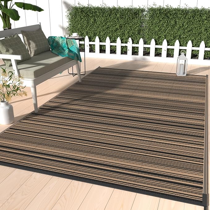 GENIMO Outdoor Rug for Patio Clearance, 8'x10' Reversible Plastic Straw Rugs, Lightweight Waterproof RV Camping Mat for Camper, Balcony, Deck, Backyard, Picnic, BlackBrown