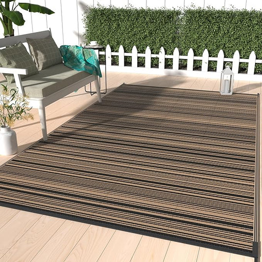 GENIMO Outdoor Rug for Patio Clearance, 5'x8' Reversible Plastic Straw Rugs, Lightweight Waterproof RV Camping Mat for Camper, Balcony, Deck, Backyard, Picnic, BlackBrown