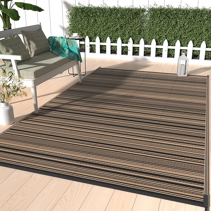 GENIMO Outdoor Rug for Patio Clearance, 6'x9' Reversible Plastic Straw Rugs, Lightweight Waterproof RV Camping Mat for Camper, Balcony, Deck, Backyard, Picnic, BlackBrown