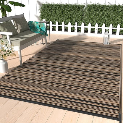 GENIMO Outdoor Rug for Patio Clearance, 6'x9' Reversible Plastic Straw Rugs, Lightweight Waterproof RV Camping Mat for Camper, Balcony, Deck, Backyard, Picnic, BlackBrown
