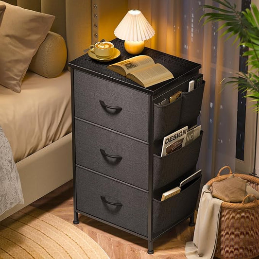 Night Stand Set 2, Nightstand with Drawers for Bedroom, Bedside Table with Wooden Top, Sturdy Steel Frame End Table, Dorm Nightstand for Bedroom, Entryway, Hallway, Closet, Cloth Bags, Hooks, Grey
