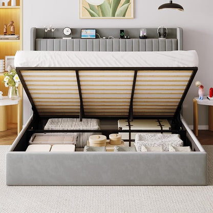 Allewie King Size Lift Up Storage Bed Frame,Storage Shelf Headboard with Charging Station,Type-C and USB Ports,Hydraulic Support,Velvet Upholstered Bed Frame,No Box Spring Needed,Grey