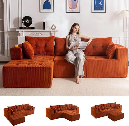MAXYOYO Modular Sectional Sofa Couch, L Shaped Modern Cloud Couch with 1 Ottoman, Sofa in A Box, Tufted 4-Seat Boneless Chair for Living Room, No Assembly Required, Orange