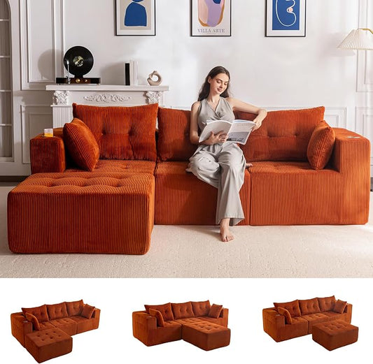 MAXYOYO Modular Sectional Sofa Couch, L Shaped Modern Cloud Couch with 1 Ottoman, Sofa in A Box, Tufted 4-Seat Boneless Chair for Living Room, No Assembly Required, Orange