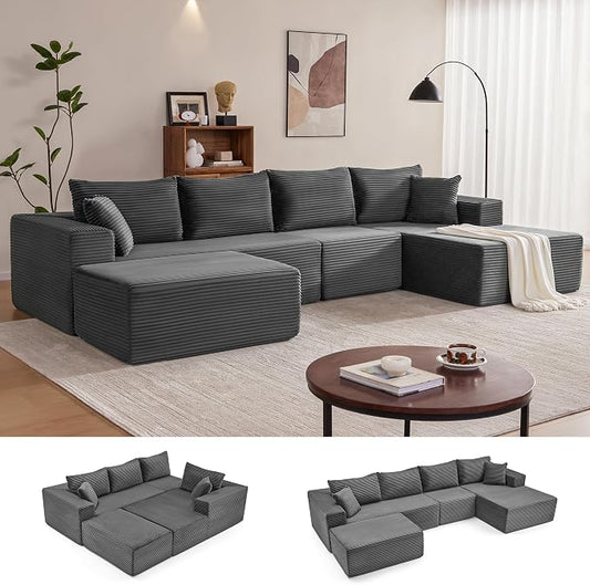Mangodan 140” Cloud Sectional Couch, Boneless Sofa for Living Room, Modular Sectional Sofa with Deep Seat, Comfy Fluffy U-Shaped Couch with Right-Facing Chaise, No Assembly Required, Grey