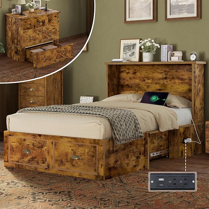 AMERLIFE Twin Size Murphy Bed, Farmhouse Wooden Cabinet with Charging Station and Storage Drawer for Bedroom/Office/Guest Room, Rustic Brown