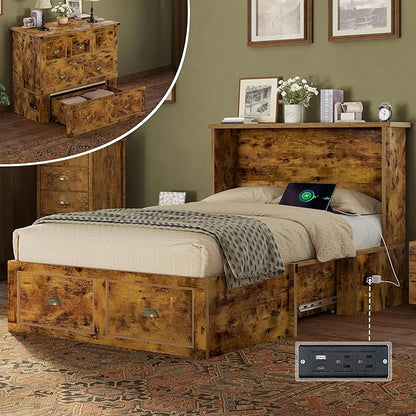 AMERLIFE Twin Size Murphy Bed, Farmhouse Wooden Cabinet with Charging Station and Storage Drawer for Bedroom/Office/Guest Room, Rustic Brown