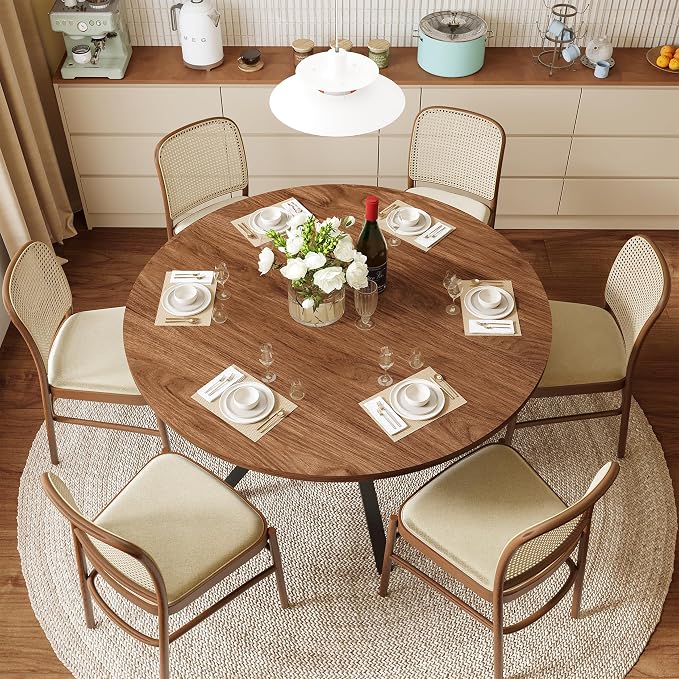 Dining Table for 2-4, 43“ Round Dining Room Kitchen Table with Storage,Round Table for Living Room,Fluted Wood Table,Oval Dinner Furniture with Adjustable feet (Walnut, 43 Inch)