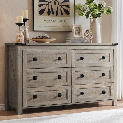 T4TREAM 54" Wide Farmhouse 6-Drawer Dresser for Bedroom, Light Rustic Oak | Rustic, Wood Storage Cabinet, Metal Handle, Unique Corner Accent, Bedroom, Living Room, Hallway