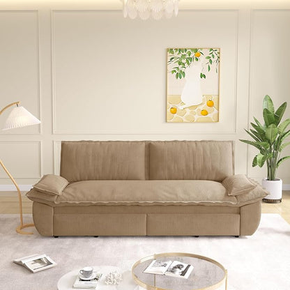 73.2" Sleeper Sofa Bed Queen, 3-in-1 Convertible Couch, Modern Pull Out Couches, Comfy Corduroy Futon Sofa, Cloud Loveseat Lounge, Pillow Arm for Small Spaces, Apartment, Living Room, Camel