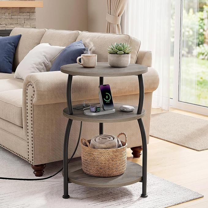 Round Side Table with Power Outlet & USB Ports, 3-Tier End Table with Storage Shelf, 15.7" Wide Nightstand for Small Spaces, Tall Bedside Table Capable of Charging Laptops & Phones, Rustic Brown