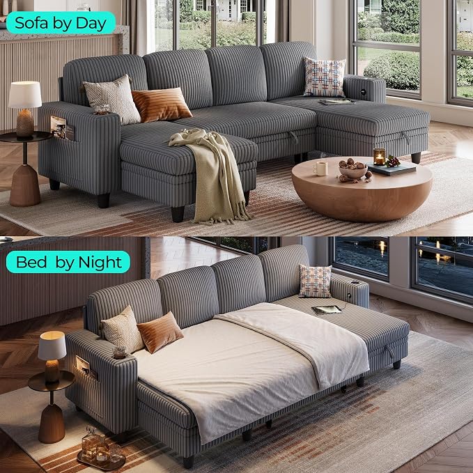 LINSY HOME Sectional Sofa with Pull Out Bed, 4 Seats Corduroy Reversible Sleeper Sofa with Storage Seats, USB Ports, Cup Holders, Side Pocket, U Shape Sectional Couches for Living Room, Gray