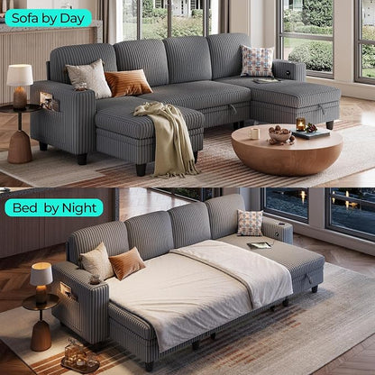 LINSY HOME Sectional Sofa with Pull Out Bed, 4 Seats Corduroy Reversible Sleeper Sofa with Storage Seats, USB Ports, Cup Holders, Side Pocket, U Shape Sectional Couches for Living Room, Gray