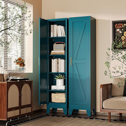 67“H Blue Narrow Kitchen Cabinet, Metal Skinny Pantry Storage Cabinet,Tall Narrow Bathroom Storage Cabinet with Adjustable Shelves,Slim and Thin Pantry Cabinets for Living Room Dining Room