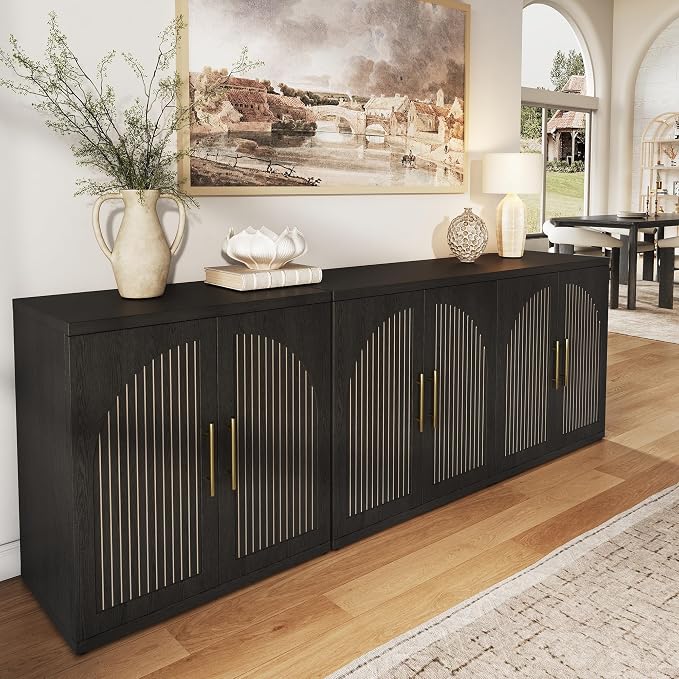 MapleGrace 63" Fluted Buffet Cabinet with Storage, Modern Symmetrical Arched Sideboard Credenza with Adjustable Shelf, Elegant Wood Console Table for Dining Room, Kitchen, Living Room(Black)