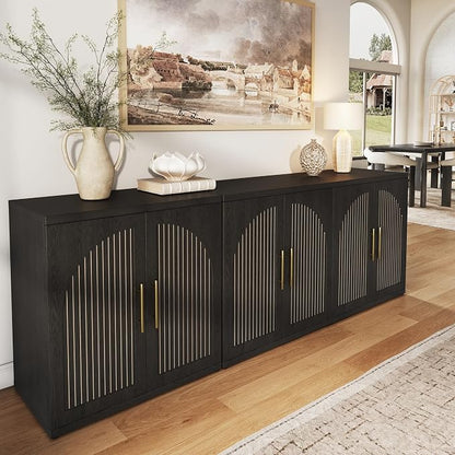 MapleGrace 63" Fluted Buffet Cabinet with Storage, Modern Symmetrical Arched Sideboard Credenza with Adjustable Shelf, Elegant Wood Console Table for Dining Room, Kitchen, Living Room(Black)