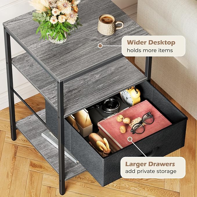 SUPERJARE Night Stand with Charger Station, 27.7 Inch Tall Nightstand with Adjustable Fabric Drawer, Bed Side Table, Fabric Drawer Dresser for Bedroom, Living Room, Charcoal Gray and Black