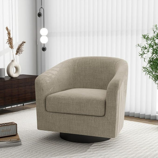 Swivel Barrel Accent Chair, Modern Round Linen Arm Chair for Living Room, Bedroom, Comfy Club Reading Chairs for Adults（Linen Fabric, Light Brown, Set of 1