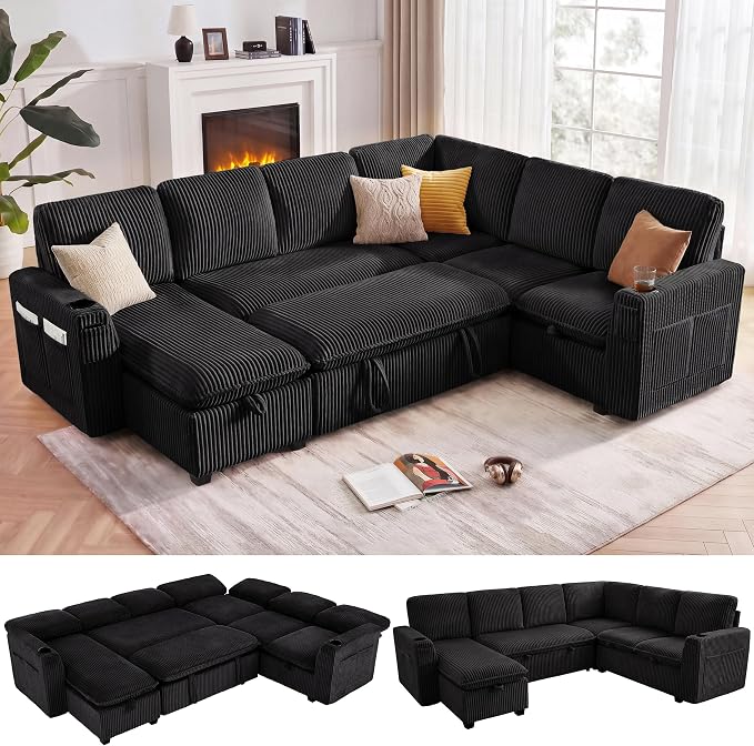 Sectional Sleeper Sofa with Pull Out Bed, Plush Corduroy 7 Seat Modular Sectional Sofa with Storage Chaise and Adjustable Backrest, Cloud Couches for Living Room, Apartment, Black