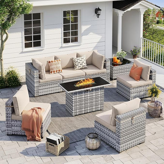 UDPATIO Patio Furniture Set with Fire Pit Table, 8 Pcs Outdoor Sectional Sofa, PE Wicker Patio Conversation Set for Garden, Backyard (Beige Cushions with Grey Rattan)