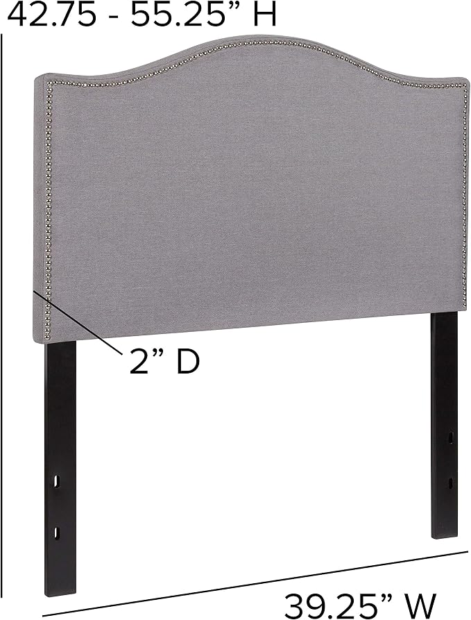 EMMA + OLIVER Upholstered Twin Size Headboard with Nailtrim in Light Gray Fabric