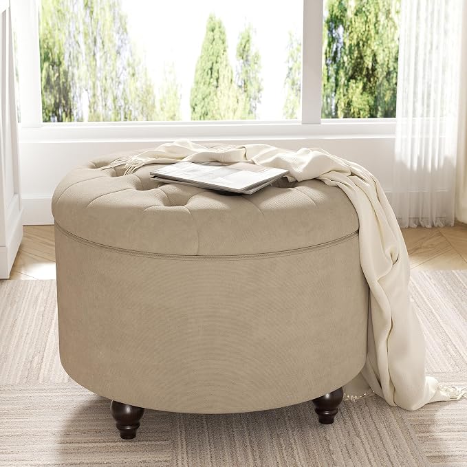 24 Inch Round Storage Ottoman,Modern Tufted Ottomans,Circular Coffee Table with Removable Top,Upholstered Large Ottoman with Storage Footrest Stool for Bedroom Living Room (Lightbrowm)
