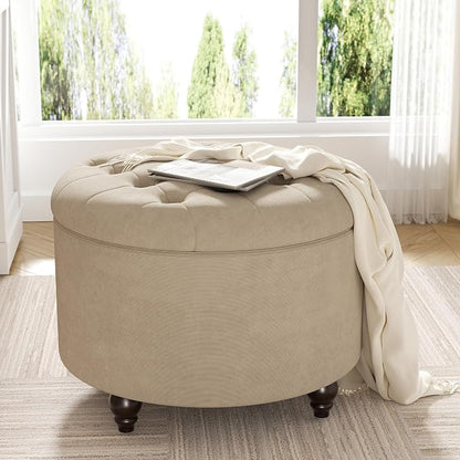 24 Inch Round Storage Ottoman,Modern Tufted Ottomans,Circular Coffee Table with Removable Top,Upholstered Large Ottoman with Storage Footrest Stool for Bedroom Living Room (Lightbrowm)