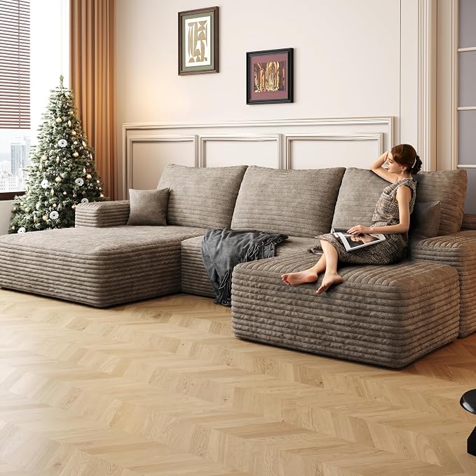 107" U Shaped Corduroy Couch with Ottoman, Compression Boneless Sofa, Deep Seat Cloud Modular Couch, Comfy Sectional Couches for Living Room Bedroom, No Assembly, Right Facing Chaise, Camel