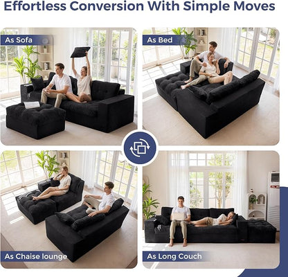 MAXYOYO Sectional Sofa Couch and Chaise Lounge, L Shaped Modern Cloud Couch with Ottoman, Comfy Tufted Upholstered Couch with Layered Cushion for Living Room, No Assembly Required, Black