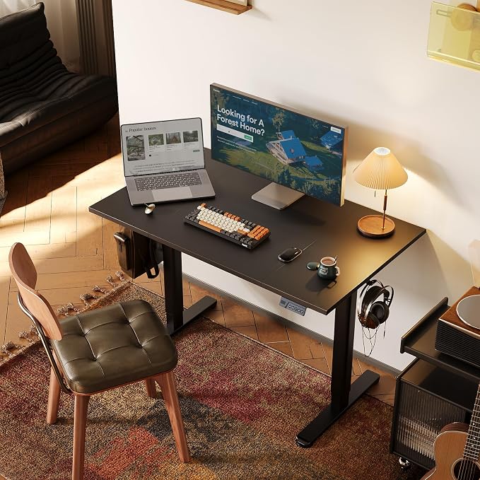 Claiks Electric Standing Desk, Adjustable Height Stand up Desk, 48x24 Inches Sit Stand Home Office Desk with Splice Board, Black Frame/Deep Black Top