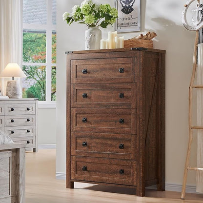 T4TREAM 48" Tall Farmhouse 5-Drawer Dresser for Bedroom, Reclaimed Barnwood | Rustic chests of drawers, Wood Storage Cabinet, Metal Handle, Unique Corner Accent, Bedroom, Living Room, Hallway