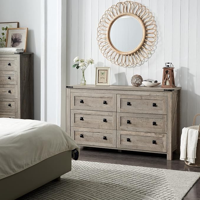 T4TREAM 54" Wide Farmhouse 6-Drawer Dresser for Bedroom, Light Rustic Oak | Rustic, Wood Storage Cabinet, Metal Handle, Unique Corner Accent, Bedroom, Living Room, Hallway