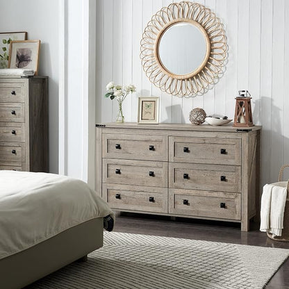 T4TREAM 54" Wide Farmhouse 6-Drawer Dresser for Bedroom, Light Rustic Oak | Rustic, Wood Storage Cabinet, Metal Handle, Unique Corner Accent, Bedroom, Living Room, Hallway