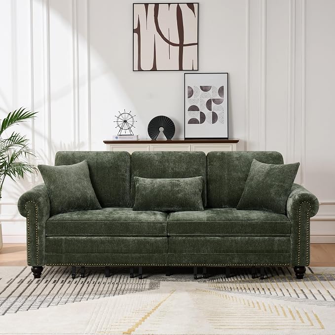 KEIKI King Size Pull Out Sofa Bed 3 in 1 Classic Modern Convertible Sleeper Chenille Upholstery Nailhead, Rolled Arm Sturdy Metal Frame 600 lbs for Living Room Apartment Office Small Spaces, Green