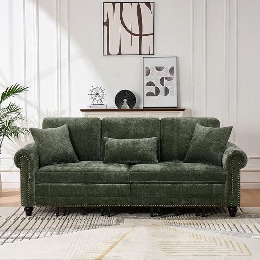 KEIKI King Size Pull Out Sofa Bed 3 in 1 Classic Modern Convertible Sleeper Chenille Upholstery Nailhead, Rolled Arm Sturdy Metal Frame 600 lbs for Living Room Apartment Office Small Spaces, Green