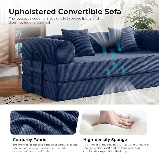 79" 5-in-1 Convertible Sofa Bed No Assembly, Boneless Couch Bed with High Density Foam, Foldable Sleeper Sofa, Corduroy Modular Couch for Apartment, Studio, Dorm Room, Small Space, Navy Blue