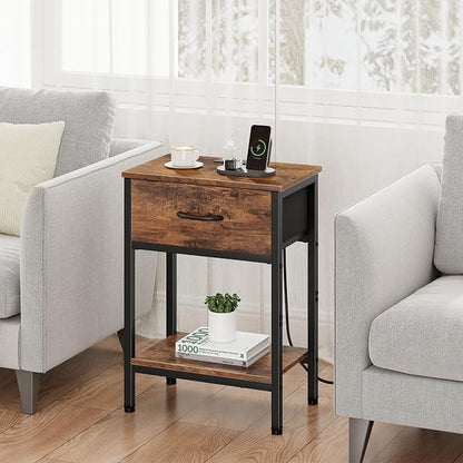 Vagusicc Nightstand with Charging Station, End Table with Fabric Drawer, Small Side Table with 2-Tier Storage Shelves, 25.4" Tall Bedside Table, Night Stand for Bedroom Living Room Dorm, Rustic Brown