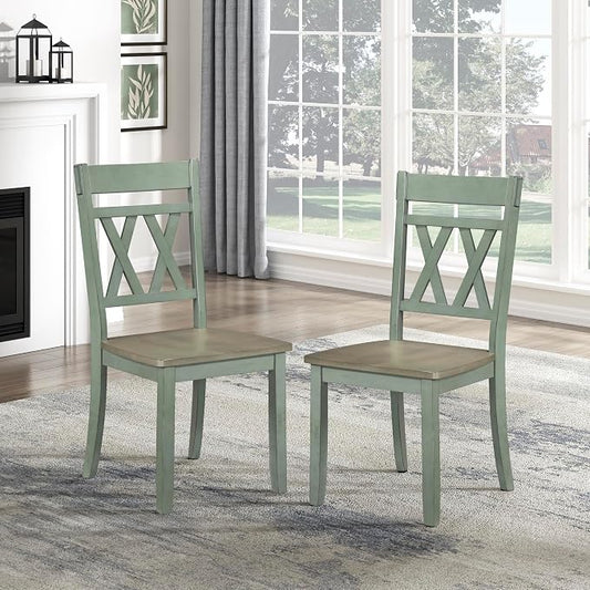 Lexicon Farmhouse Wood Dining Chair, Set of 2, Double Cross Back, Rustic Armless Chairs, Kitchen and Dining Room Furniture, Two-Tone Finish (Greywash and Antique Teal)