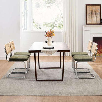 Zesthouse Natural Rattan Dining Chairs Set of 4, Mid Century Modern Dining Chairs with Solid Wood Back & Chrome Base, for Kitchen Living Room, Breuer Design Inspired, Upholstered Linen Fabric, Green