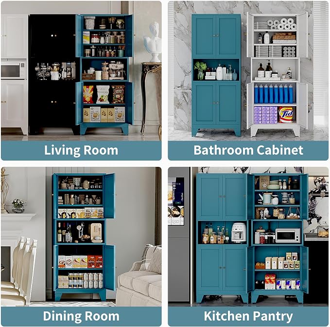 69" Tall Metal Pantry Cabinet with Microwave Stand,Microwave Storage Cabinet with 4 Doors & 3 Adjustable Shelves for Kitchen (4doors-Blue, 13.78" D x 27.54" W x 68.9" H)