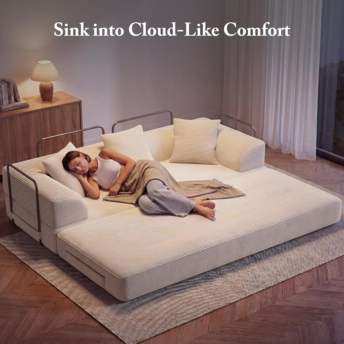 89" Cloud Boneless Convertible Sofa Bed, 5-in-1 Foldable Compressed High-Density Sponge Sofa, Corduroy Fabric 3 Seater Sleeper Couch Futon Daybed for Living Room Bedroom (Beige)