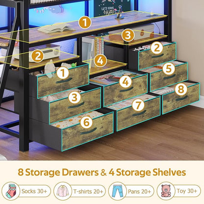 busyaeh Bunk Bed Full Over Twin,Low Bunk Bed with 8 Drawers & 4 Shelves & 15" H Safety Guardrail,bunk Bed with Desk & LED Lights and Charging Station,L-Shaped Bunk Beds with Stairs,Vintage Brown