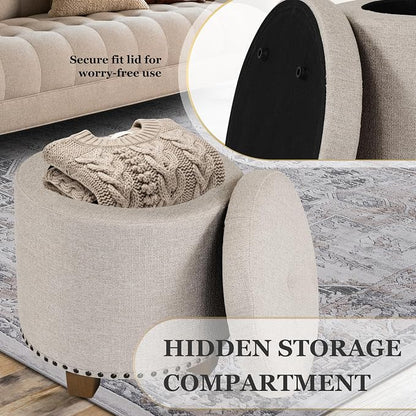 HomePop 18.5" Round Storage Ottoman with Nailheads - Light Brown Fabric