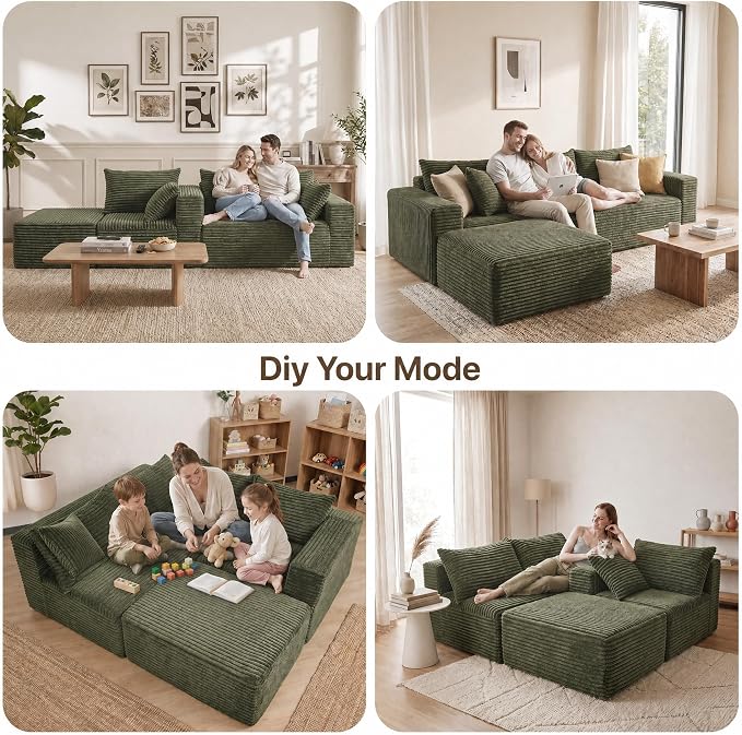 Claiks 104" Boneless Couch, Cloud Couch Sectional, L-Shape Corduroy Modular Sectional Sofa Deep Seat, Upholstered Couches for Living Room, No Assembly Required, Green