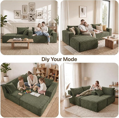 Claiks 104" Boneless Couch, Cloud Couch Sectional, L-Shape Corduroy Modular Sectional Sofa Deep Seat, Upholstered Couches for Living Room, No Assembly Required, Green