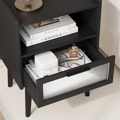 MMEOLUOOK Nightstand with Charging Station, Bedside Tables Set of 2, End Table Side Table with 2 Tiers Storage Space, for Bedroom, Living Room, Black MLBZ07BEV-2