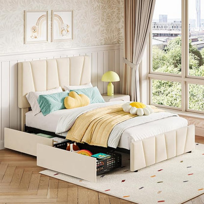 GarveeHome Twin Size Bed Frame with Adjustable Headboard and 2 Storage Drawers, Velvet Upholstered Tufted Twin Platform Bed Frames with Wooden Slats Support, Bedframe No Box Spring Needed, Beige/Cream